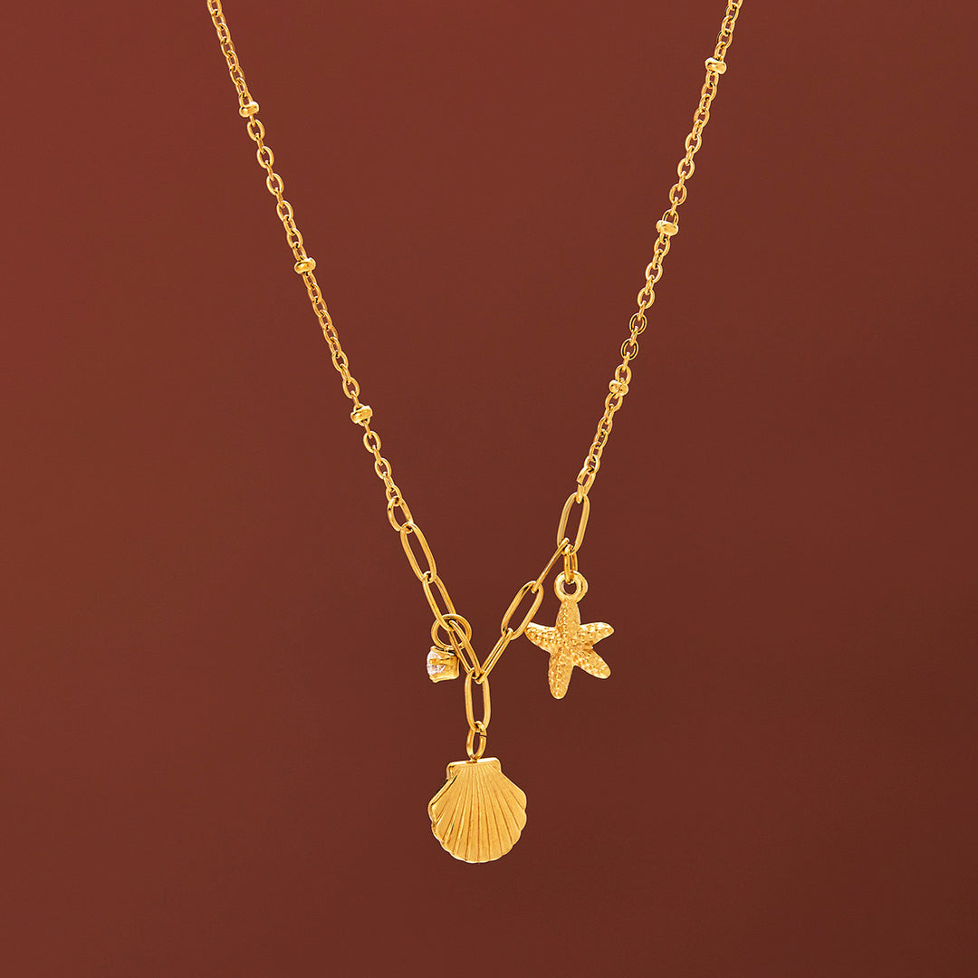 سلسلة بناتي نجمة بحر وصدفة بفص لامع – ستايل صيفي بحري