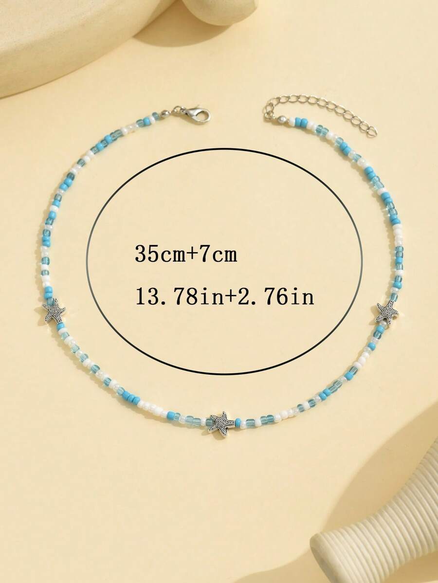 سلسلة خرز أخضر وأزرق وأبيض مع نجوم بحر – لمسة بحرية
