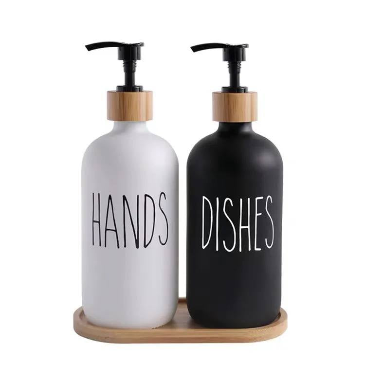 مجموعة موزع صابون للحمام، موزع صابون اليد واللوشن مع قاعدة خشبية للحمام، ديكور حمام عصري باللونين الأسود والأبيض