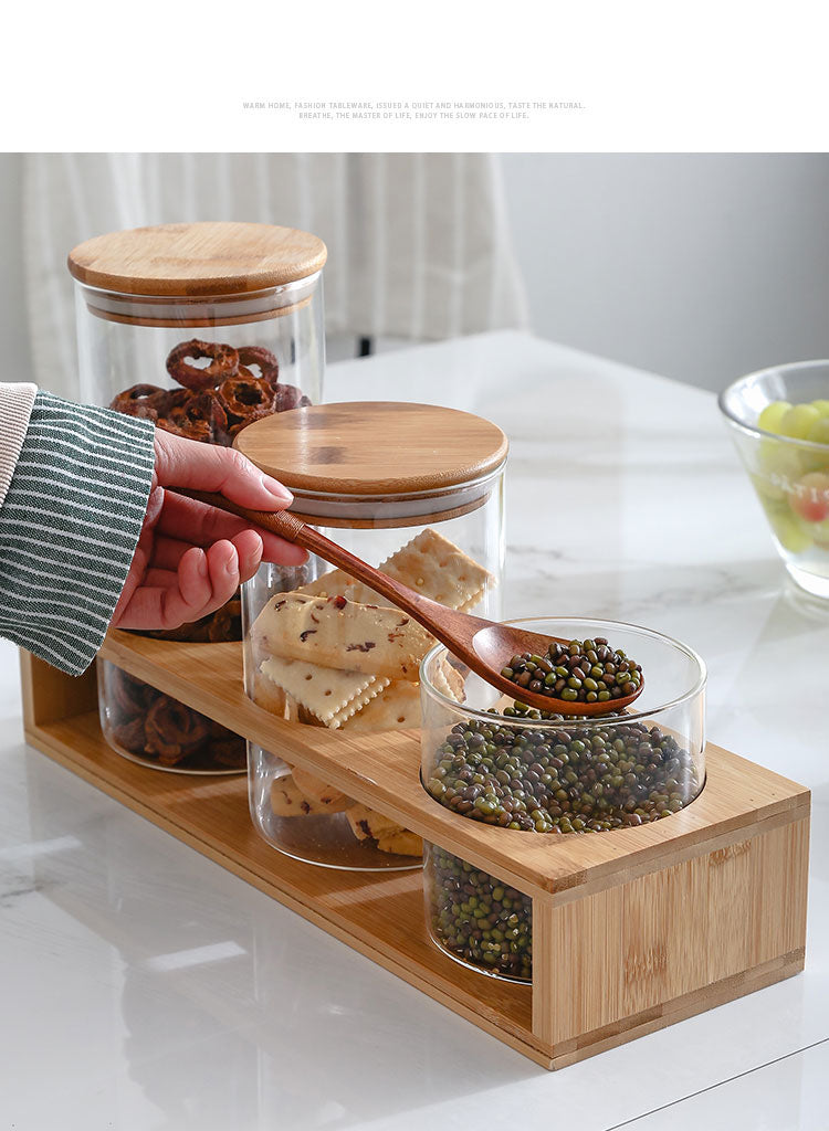 طقم كاندي 3 فطع زجاج بغطاء خشبي وحامل خشب