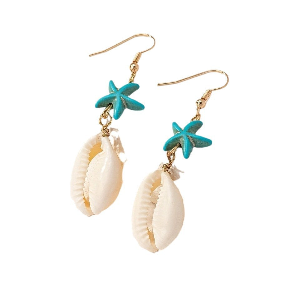 حلق بناتي طويل نجمة بحر تركواز مع صدفة – ستايل صيفي بحري