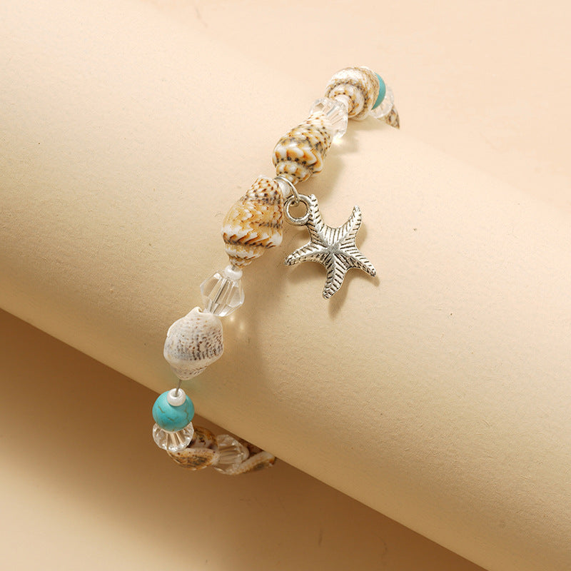 خلخال صيفي مزين بالصدف وحجر الفيروز مع قلادة نجم البحر