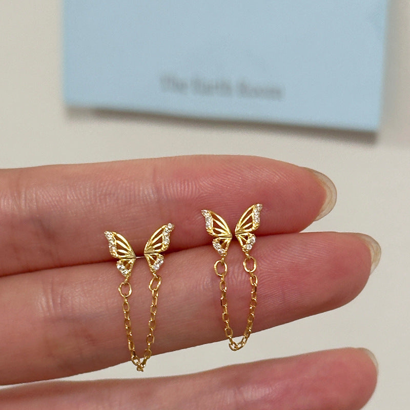 حلق بناتي جناح صغير متصل بسلسلة رفيعة – مطلي ذهب عيار 18