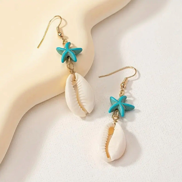 حلق بناتي طويل نجمة بحر تركواز مع صدفة – ستايل صيفي بحري