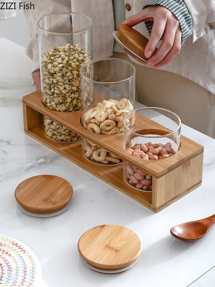 طقم كاندي 3 فطع زجاج بغطاء خشبي وحامل خشب