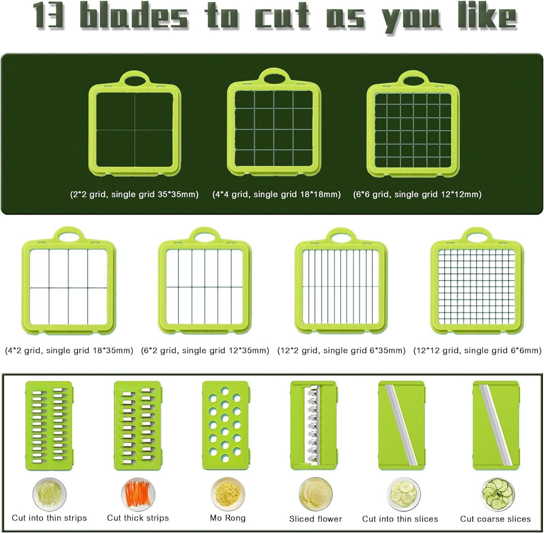 قطاعة الخضروات بيد متعددة الوظائف و علبة ثلاجة بمصفاة 22 في 1 مع 14 شفرة من الفولاذ المقاوم للصدأ،