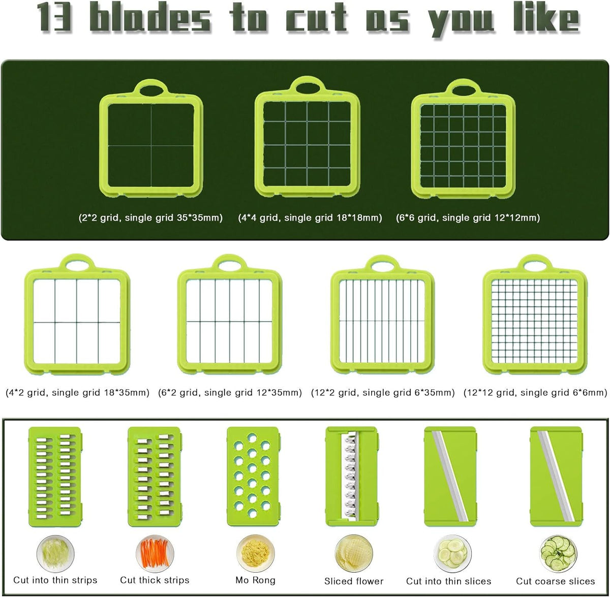قطاعة الخضروات بيد متعددة الوظائف و علبة ثلاجة بمصفاة 22 في 1 مع 14 شفرة من الفولاذ المقاوم للصدأ،