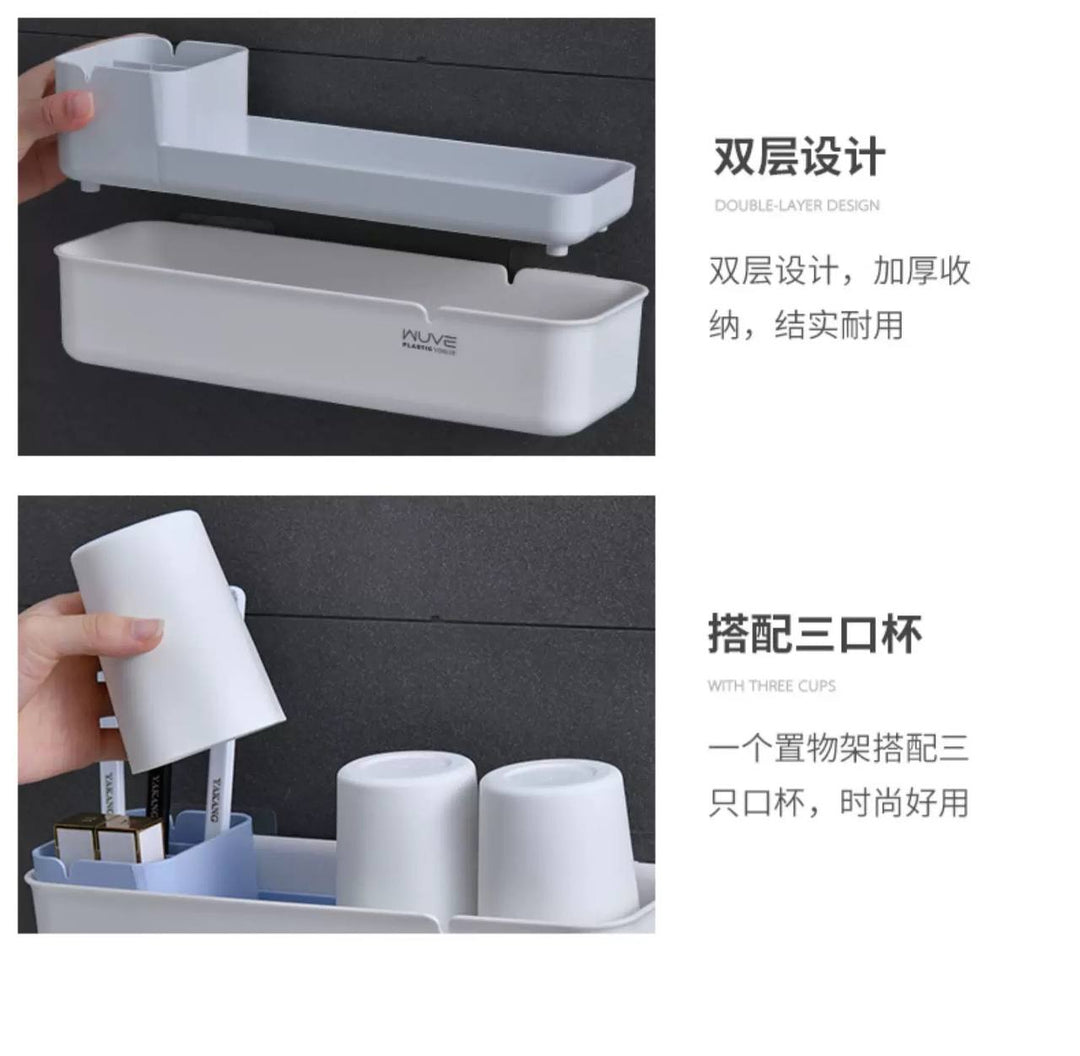 حامل فرش الأسنان والأكواب جداري – بدون حفر بتصميم عملي وأنيق للحمام