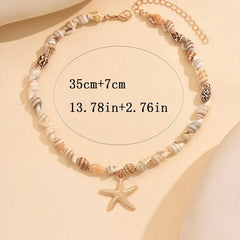 سلسلة خرز صدف طبيعي مع نجمة بحر ذهبية