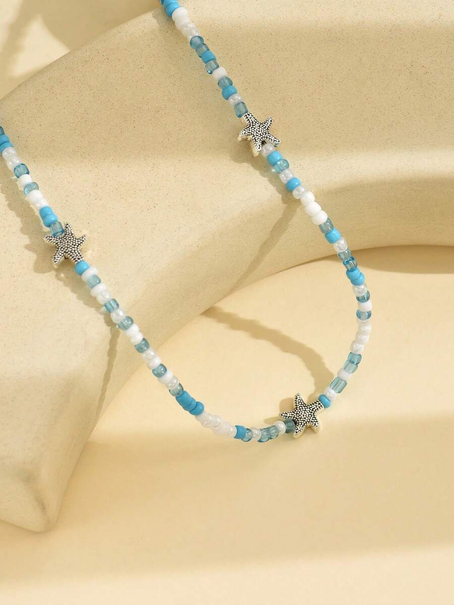 سلسلة خرز أخضر وأزرق وأبيض مع نجوم بحر – لمسة بحرية