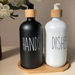 مجموعة موزع صابون للحمام، موزع صابون اليد واللوشن مع قاعدة خشبية للحمام، ديكور حمام عصري باللونين الأسود والأبيض