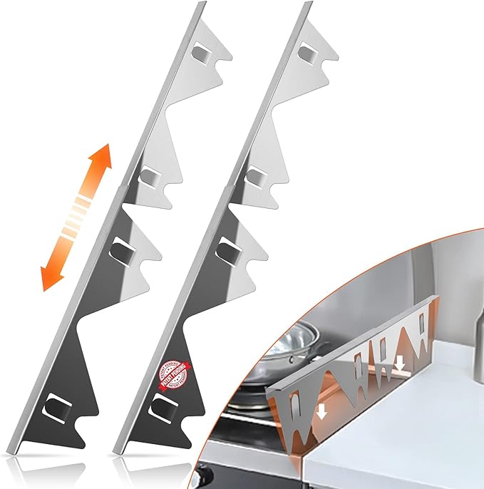 غطاء سدّ الفجوات الستانلس ستيل للبوتاجاز – قطعتين |طقم حواف معدنية مقاوم للحرارة وسهل التنظيف | طول قابل للتمديد من 35 سم إلى 70 سم، عرض 2 سم – لون فضي (2 قطع)