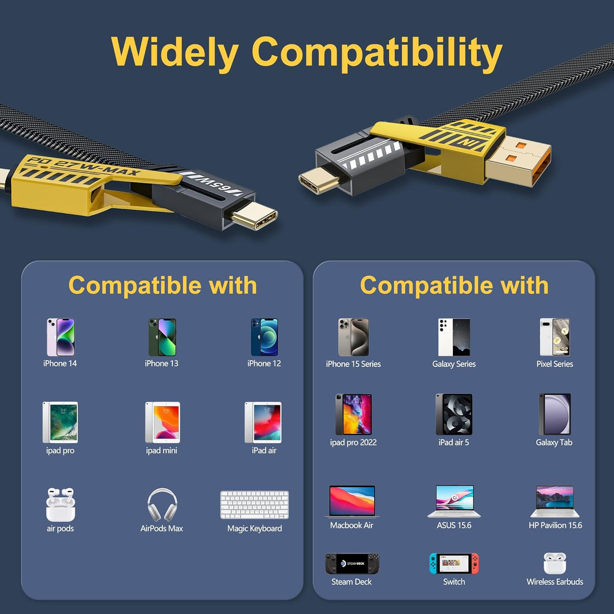 كابل متعدد الاستخدام 4 في 1 USB كابل معدن من الخارج نحاس من الداخل