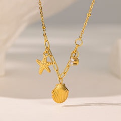 سلسلة بناتي نجمة بحر وصدفة بفص لامع – ستايل صيفي بحري