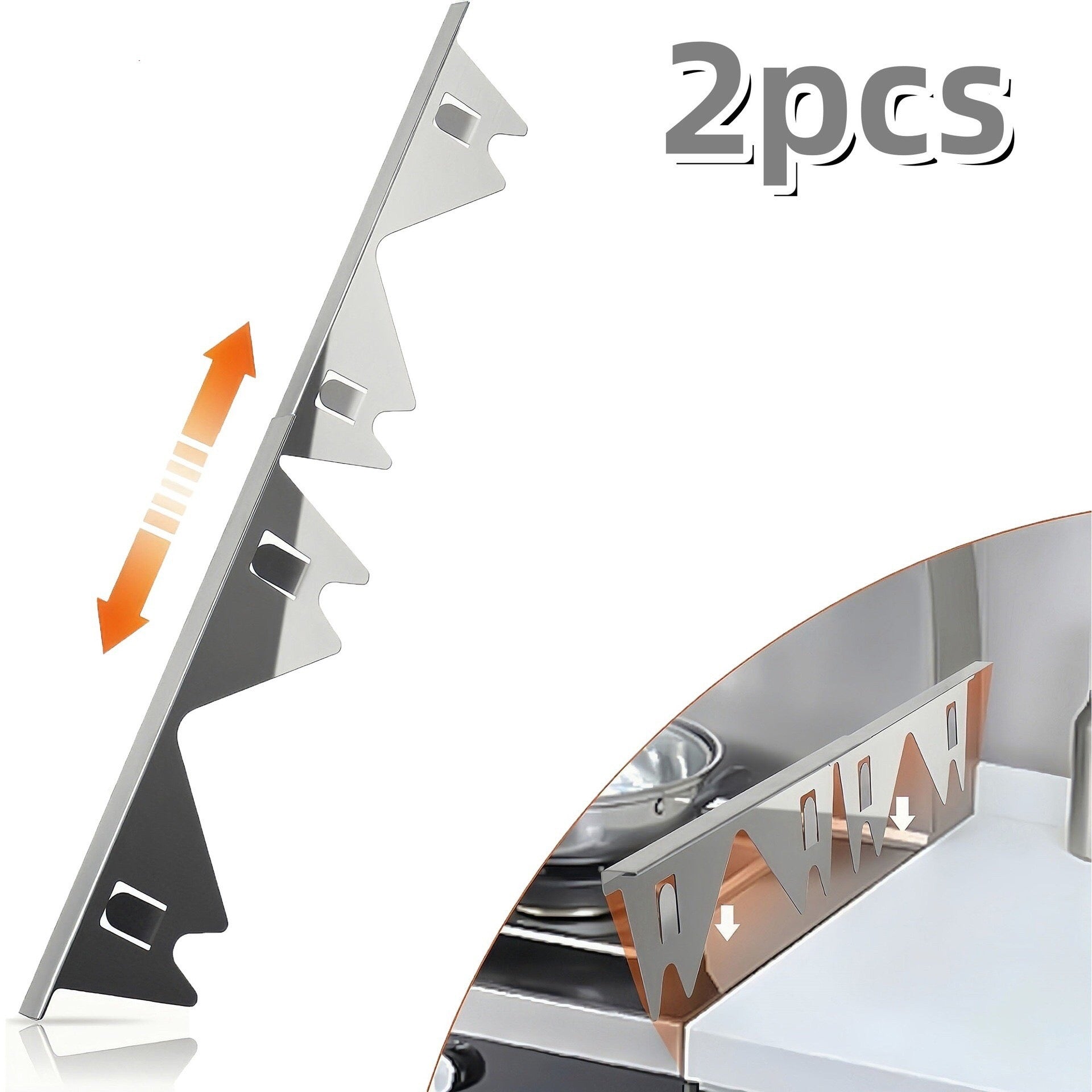 غطاء سدّ الفجوات الستانلس ستيل للبوتاجاز – قطعتين |طقم حواف معدنية مقاوم للحرارة وسهل التنظيف | طول قابل للتمديد من 35 سم إلى 70 سم، عرض 2 سم – لون فضي (2 قطع)