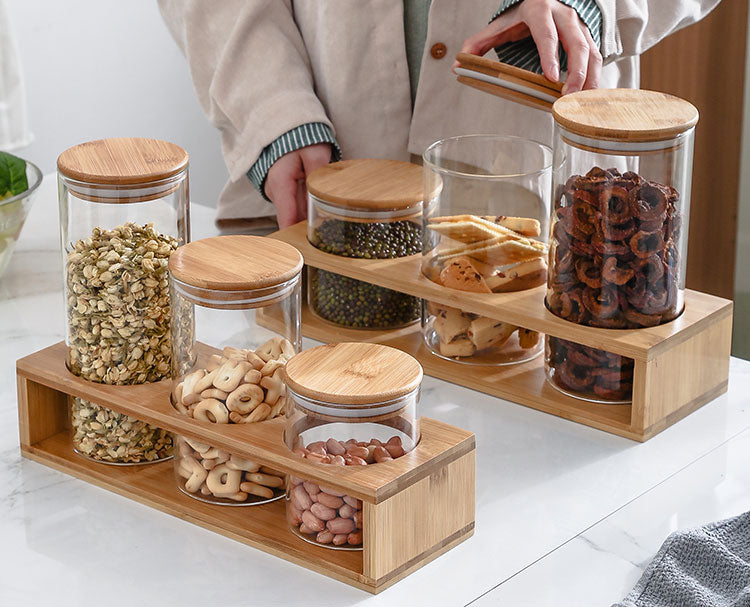 طقم كاندي 3 فطع زجاج بغطاء خشبي وحامل خشب