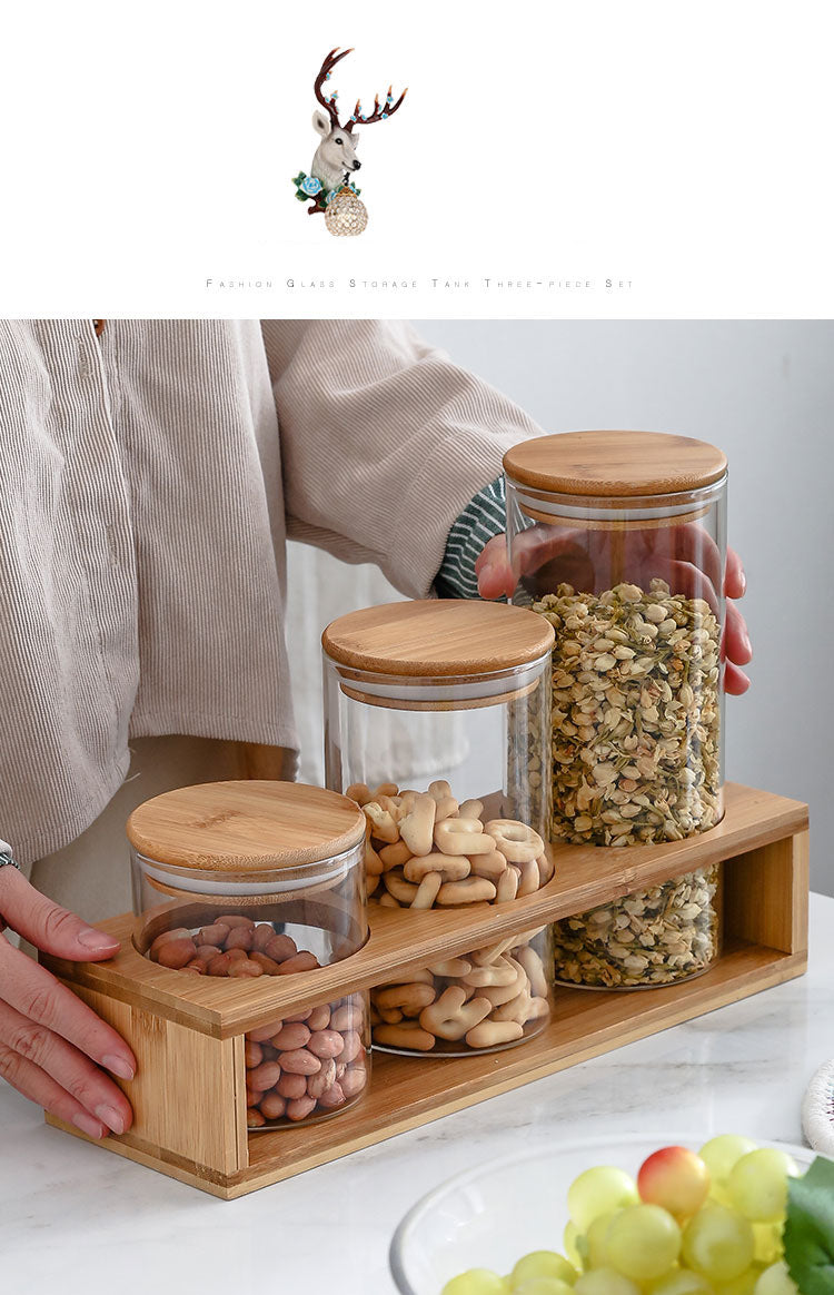 طقم كاندي 3 فطع زجاج بغطاء خشبي وحامل خشب