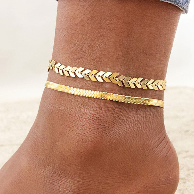 خلخال 2 قطعة ذهبي بتصميم مزدوج أنيق للنساء