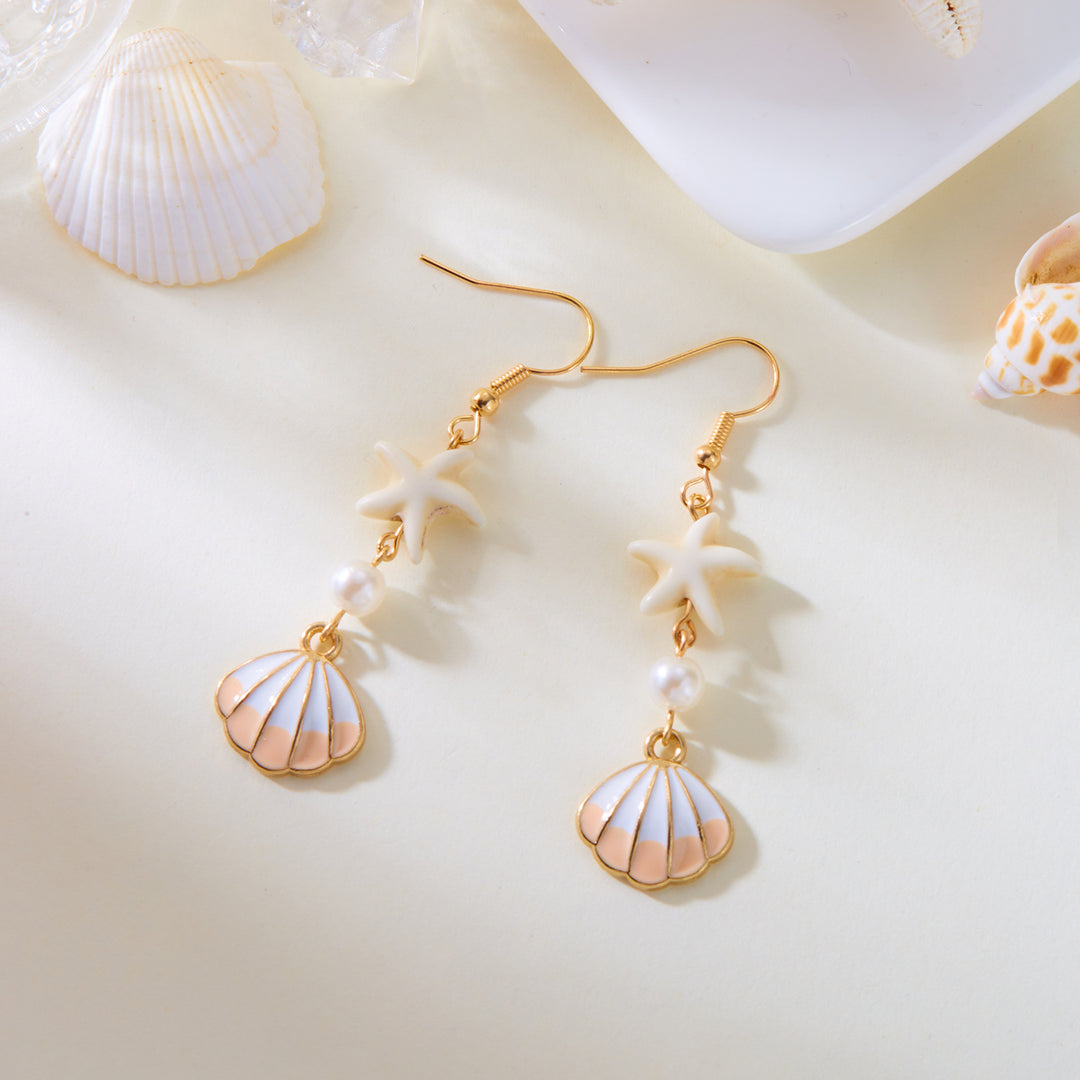 حلق بناتي طويل نجمة بحر وصدفة مع فص لؤلؤ – ستايل صيفي