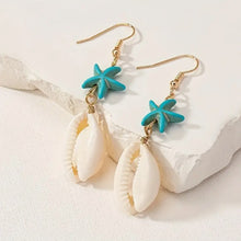 حلق بناتي طويل نجمة بحر تركواز مع صدفة – ستايل صيفي بحري