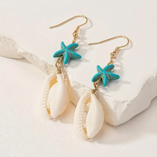 حلق بناتي طويل نجمة بحر تركواز مع صدفة – ستايل صيفي بحري