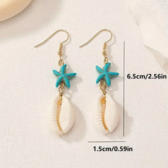 حلق بناتي طويل نجمة بحر تركواز مع صدفة – ستايل صيفي بحري