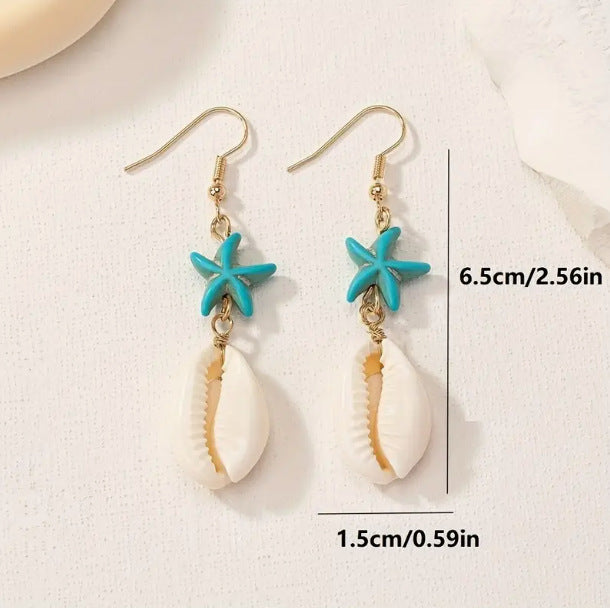 حلق بناتي طويل نجمة بحر تركواز مع صدفة – ستايل صيفي بحري