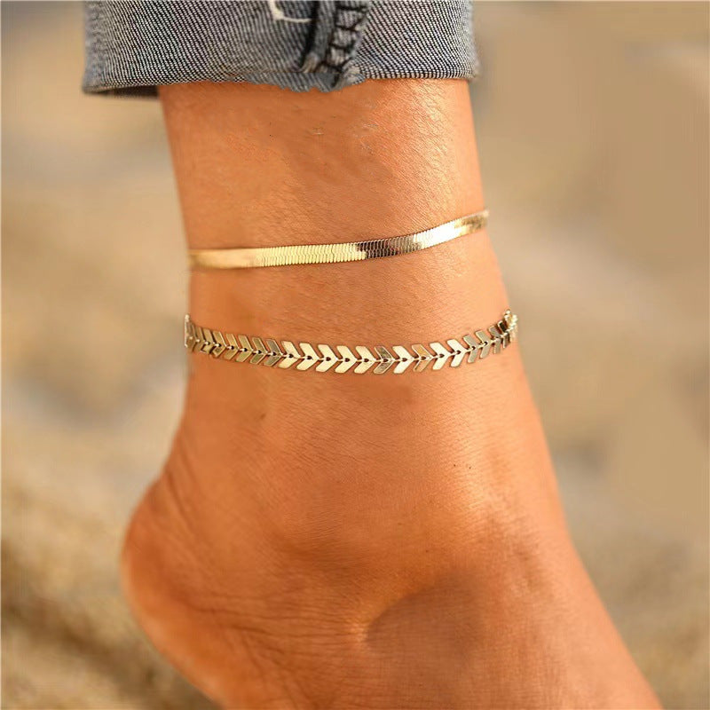 خلخال 2 قطعة ذهبي بتصميم مزدوج أنيق للنساء