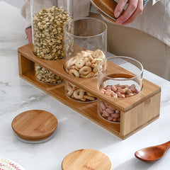 طقم كاندي 3 فطع زجاج بغطاء خشبي وحامل خشب