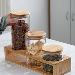 طقم كاندي 3 فطع زجاج بغطاء خشبي وحامل خشب