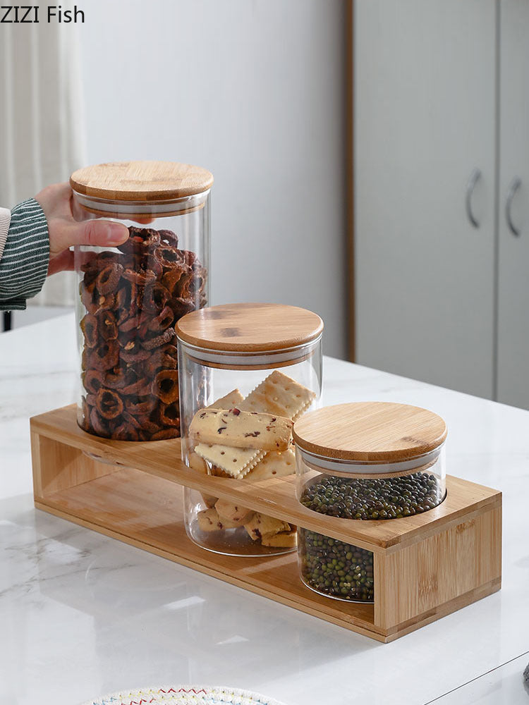 طقم كاندي 3 فطع زجاج بغطاء خشبي وحامل خشب